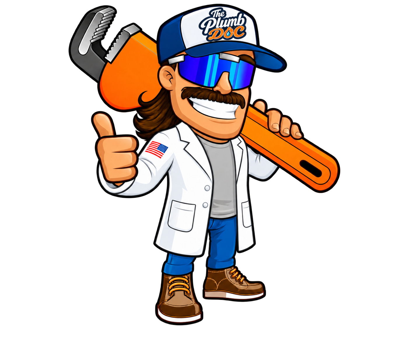 The Plumb Doc mascot giving a thumbs-up with an orange pipe wrench