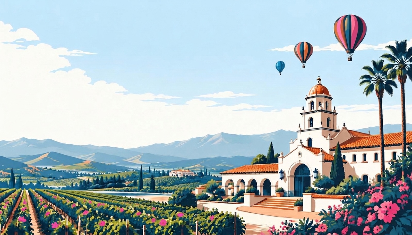 Hot air balloons over vineyards and Spanish Colonial architecture in Temecula Valley